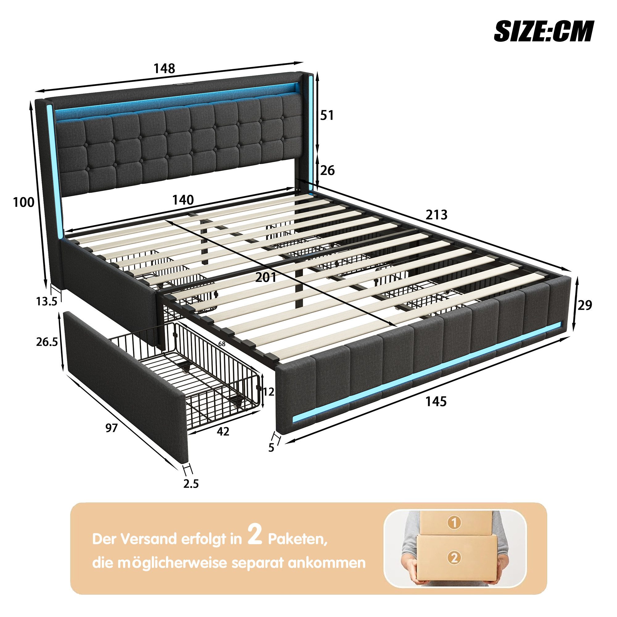 Polsterbett LED Doppelbett-grau 1